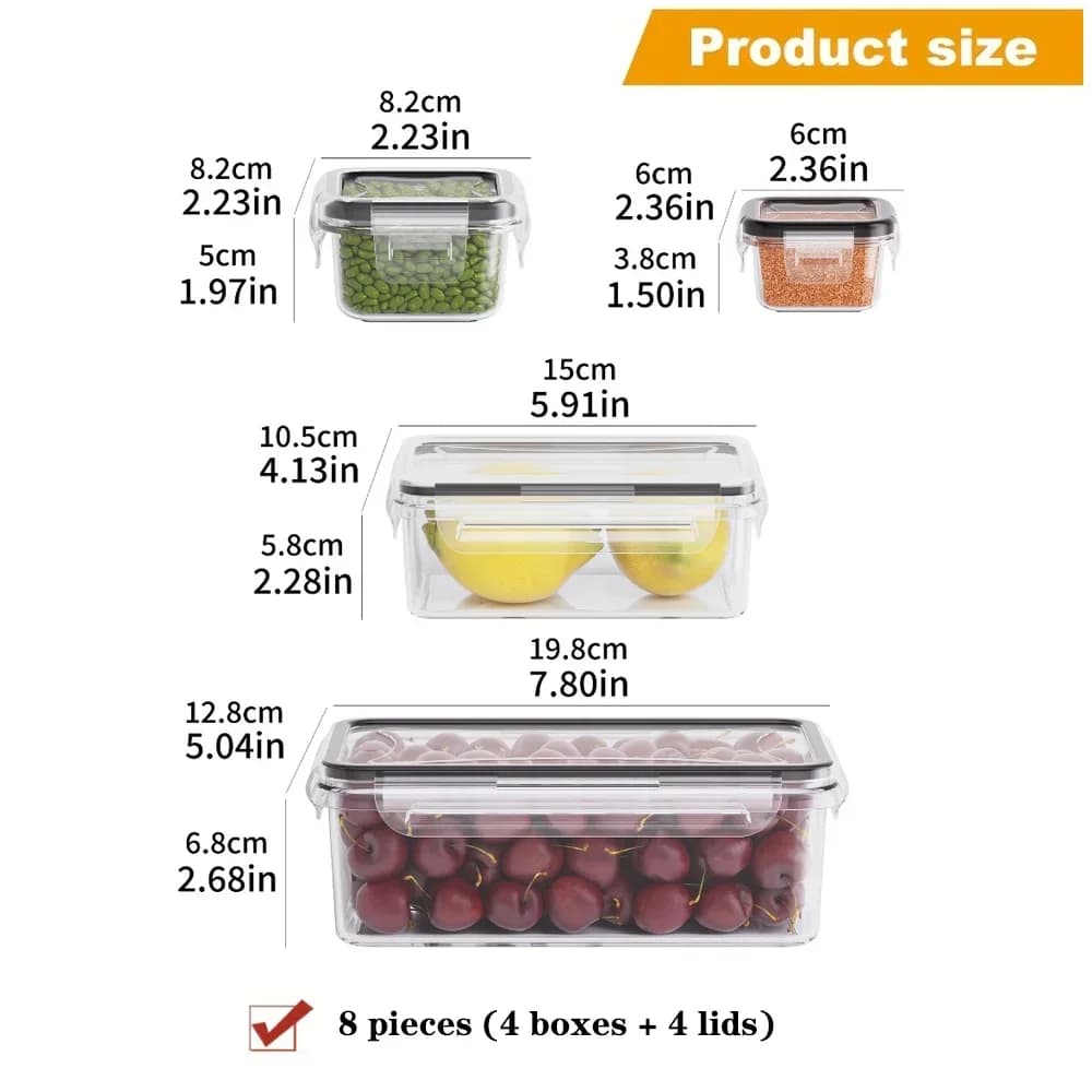 8 бр. BPA-free херметични контейнери за храна с капаци със заключване - безопасни за микровълнова/фризер, PP пластмасови съдове за съхранение на сухи продукти/плодове/зеленчуци