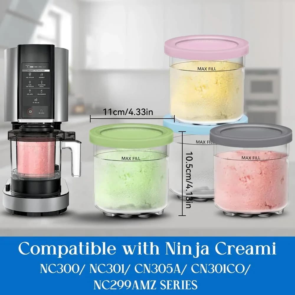 Кутии и капаци Creami Pints for Ninja - комплект от 4 бр. кремообразни контейнери за сладолед, чаши, буркани, съдове, съвместими със smoothie pot